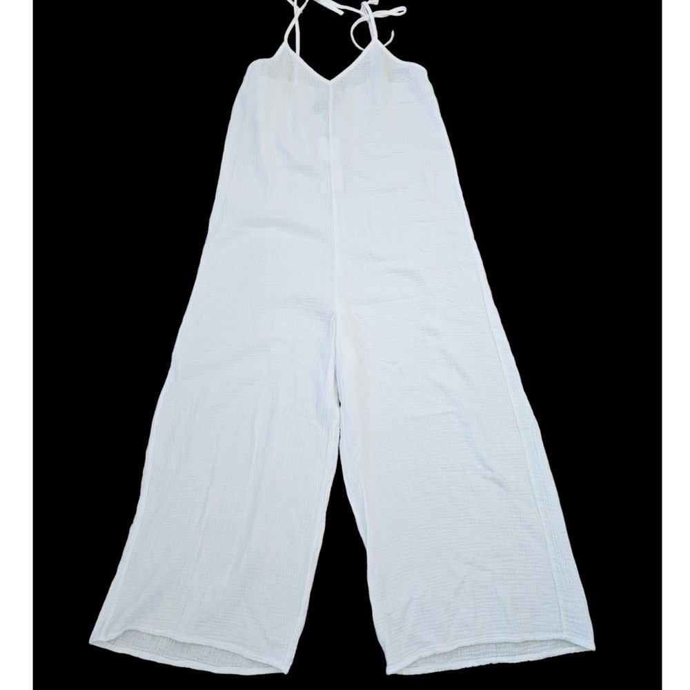 BOBI NWT White Cotton Cottagecore Resort Boho Wide leg Jumpsuit Overall sz‎ L